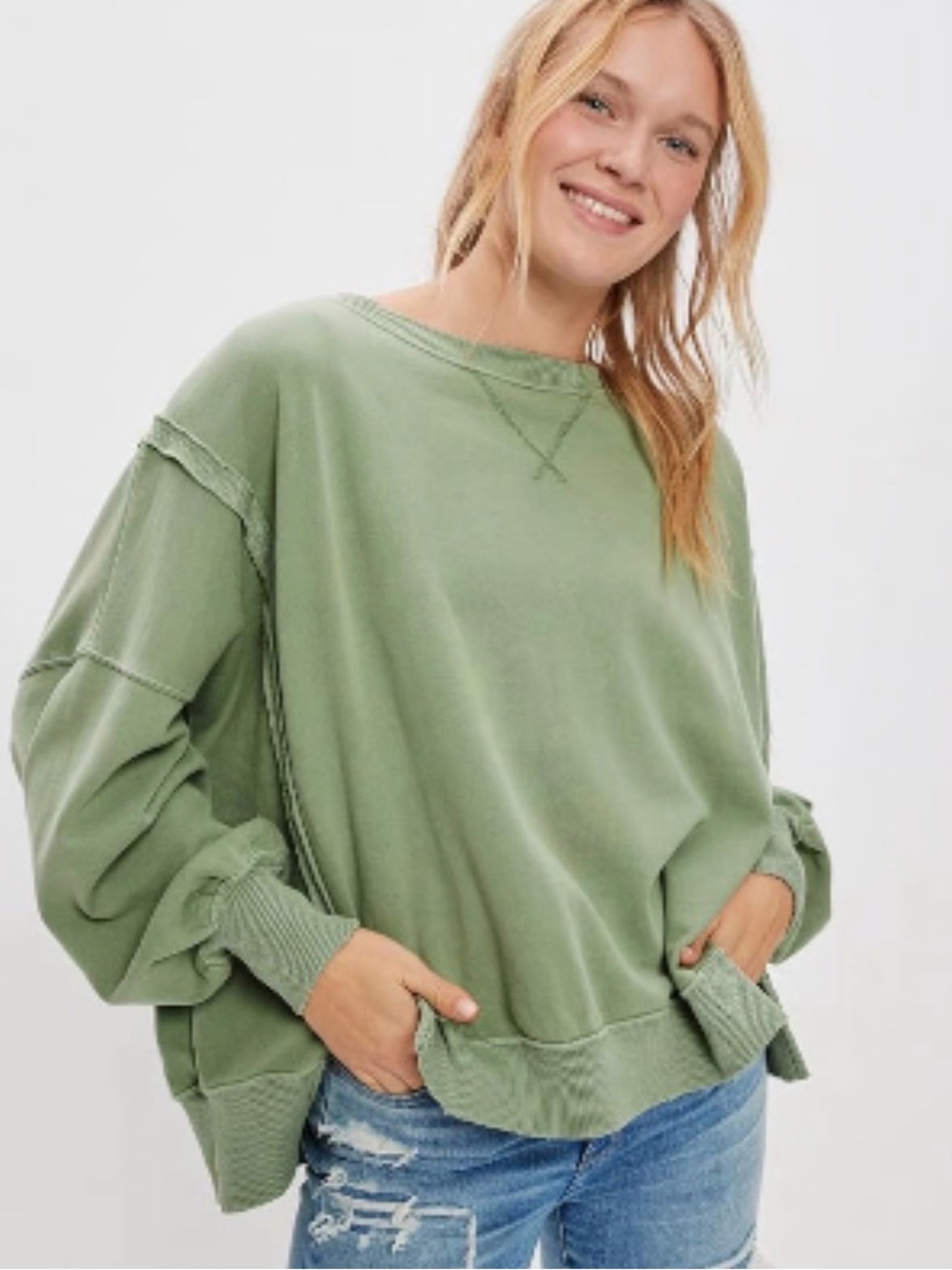 American Eagle XL Oversized Off Shoulder Sweatshirt Sage Balloon Sleeve